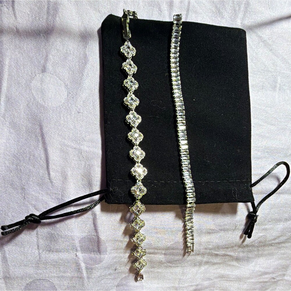 Silver Tone Round White Crystal Tennis Chain Bracelets Set of 2 Box Clasp.